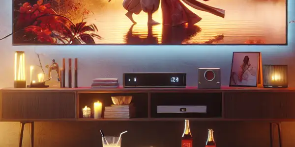 A cozy modern living room with a TV displaying a romantic Asian adult film, popcorn, and drinks.