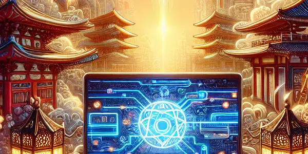 A futuristic laptop interface surrounded by Asian cultural symbols, promoting safe exploration of adult films online.