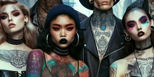 A diverse group of models showcasing alternative styles in an urban setting, celebrating individuality and edgy aesthetics.