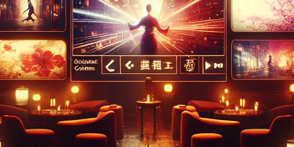 A dimly lit digital lounge showcasing Asian adult films, featuring vibrant screens and a modern interface.