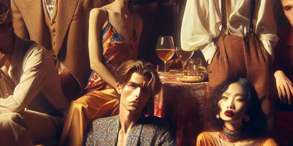 A glamorous retro film set featuring diverse actors exuding confidence and seduction, surrounded by cinematic elements.