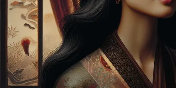 A striking Asian woman in a romantic, dimly lit room, embodying allure and sophistication with traditional Japanese elements.