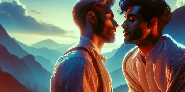 Two diverse male characters share an intimate moment outdoors on a mountain under a starlit sky, symbolizing LGBTQ+ romance.
