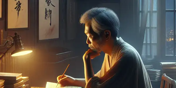 A passionate writer in a cozy, dimly lit room, surrounded by books and sensual art, contemplates under moonlight.