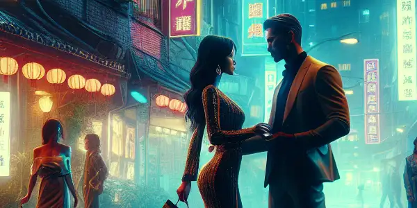 A vibrant Taiwanese city at night featuring a stylish couple in a playful, flirtatious interaction amidst neon lights and cultural elements.