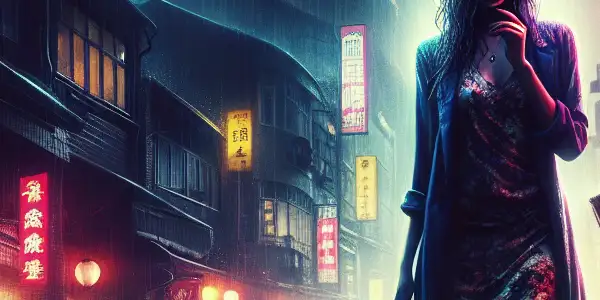 A mysterious woman in a rain-soaked urban setting, blending allure and danger amidst neon lights and lurking shadows.