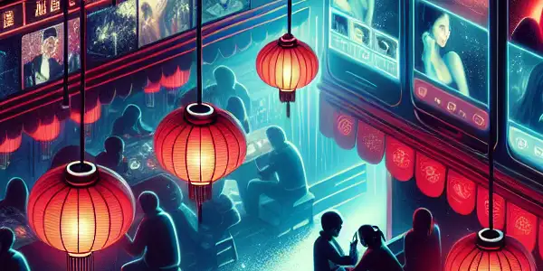 A bustling underground market showcasing digital devices displaying Japanese adult films, blending traditional Chinese culture with modernity.