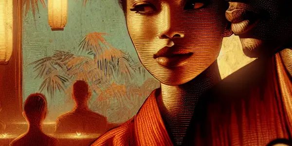 An intimate scene of two figures sharing a passionate connection in a dimly lit, elegant setting.