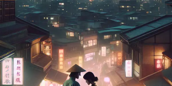A vibrant Taipei street scene at dusk, showcasing intimacy between two characters amidst traditional and modern elements.