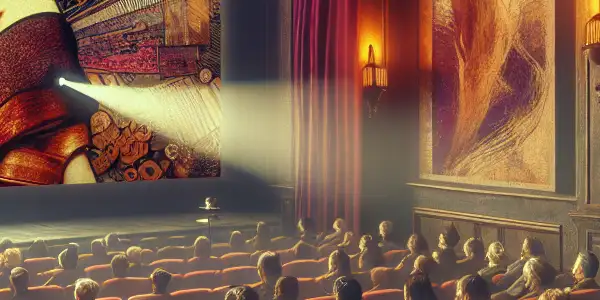 A vintage cinema scene showcasing an audience captivated by a 1970s erotic film screening, highlighting romance and sophistication.