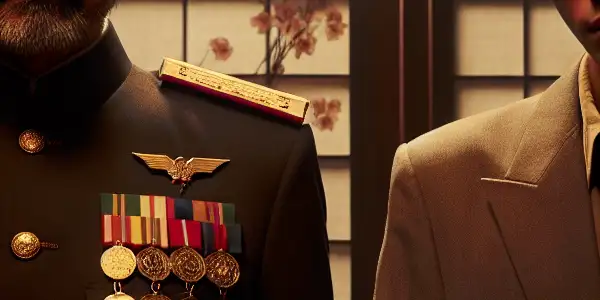 A tense encounter between a military general and a stylish driver in a dimly lit traditional Japanese interior.