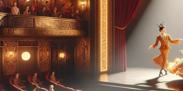 A captivating Japanese erotic theater performance featuring suggestive dancers in elaborate costumes and an intrigued audience.