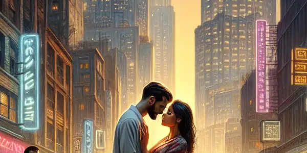 A passionate couple embraces in a vibrant cityscape at twilight, surrounded by nightlife and intimate interactions.
