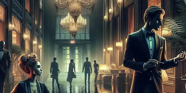 A luxurious hotel lobby filled with mystery, featuring a flirtatious couple and an atmosphere of seduction.