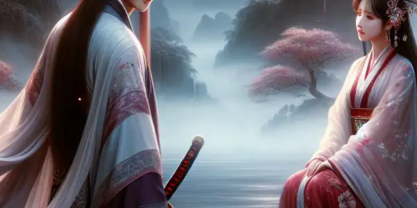 A romantic encounter between a charming swordsman and a beautiful woman in a lush, ancient Chinese landscape.