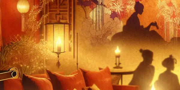 A cozy, intimate room with soft lighting, featuring a vintage film projector and diverse couples in playful interactions.