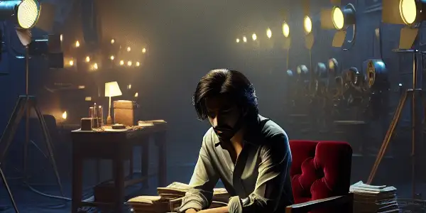 A forlorn actor in a dim film studio reflects on disappointment amidst scattered scripts and a flickering projection of past success.