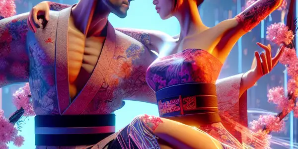 A futuristic scene with two characters in intimate dance amidst cherry blossoms and neon-lit architecture, blending tradition and modernity.