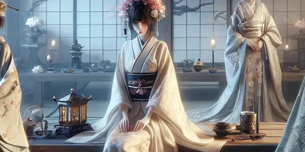 A serene Japanese interior featuring diverse characters in traditional and modern attire, embodying emotions from adult film archetypes.