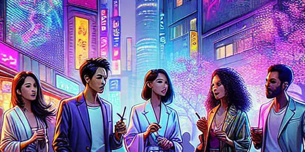 A vibrant Tokyo street scene at night, featuring diverse individuals discussing Japanese AV films amidst neon lights and billboards.