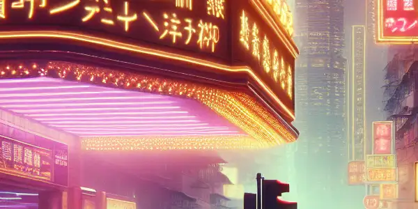 A vibrant Hong Kong and Taiwan nightlife scene featuring neon lights, a cinema marquee, and diverse groups discussing adult films.