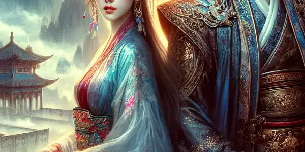 A charismatic martial arts duo in traditional attire, set against a misty landscape with cherry blossoms, exuding romance and intrigue.