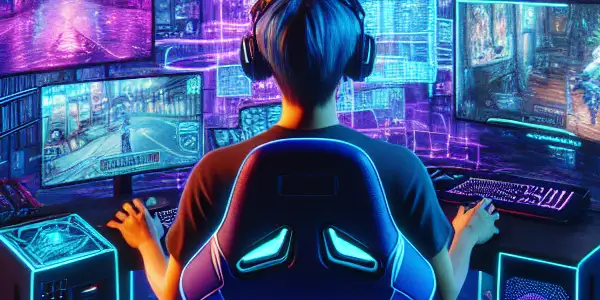 A futuristic gaming room blending elements of Japanese adult films with immersive virtual reality gaming.