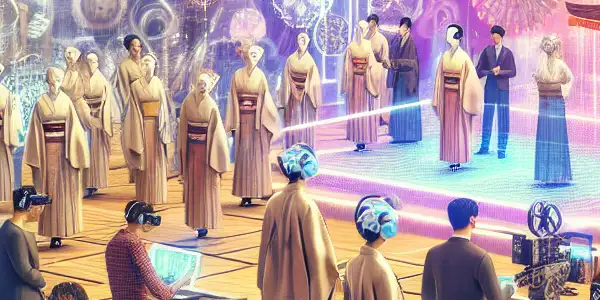 A vibrant futuristic studio showcasing the evolution of Japan's adult video industry with VR technology and diverse filmmakers.