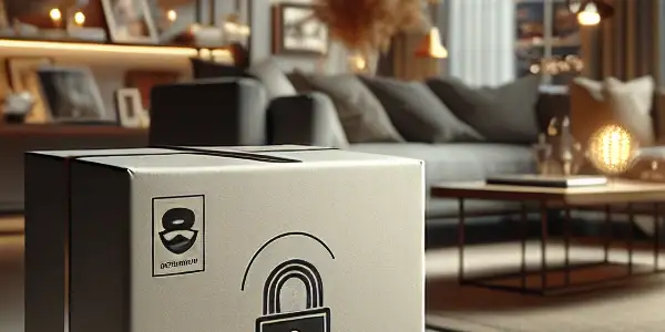 A discreet, elegantly designed package in a cozy living room, symbolizing privacy for adult film enthusiasts.