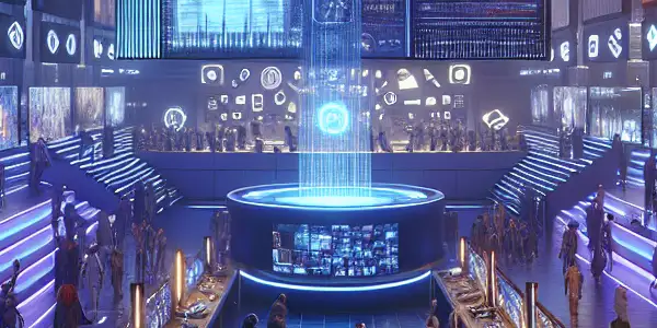 A futuristic digital library dedicated to adult films, featuring diverse characters and vibrant neon-lit technology.