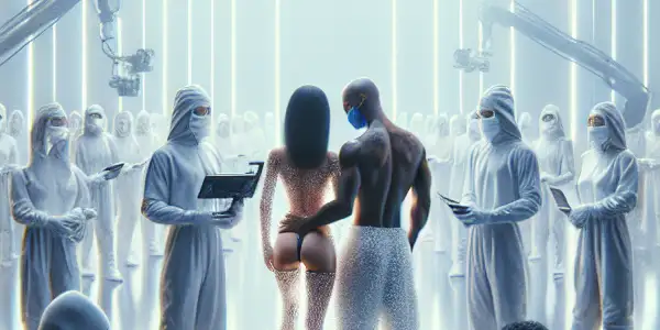 A modern film studio in 2026 with diverse actors in protective gear and advanced filming technology emphasizing hygiene and safety.