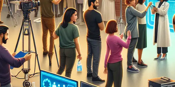 A modern film set in 2026, featuring diverse actors engaged in health checks and hygiene practices.