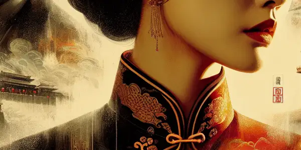 A mysterious female spy in a cheongsam, entwined in secrecy and desire, set against iconic Chinese landmarks.