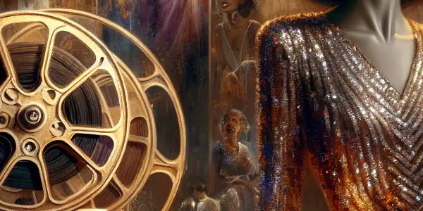 A glamorous figure in a luxurious room, surrounded by vintage film elements and iconic movie star posters.