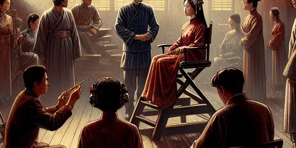 A nostalgic film set depicting a director and actors in intimate, period costumes, surrounded by vintage equipment and classic film posters.