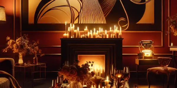 A luxurious, dimly-lit room featuring plush furnishings, a vintage projector, and tasteful adult entertainment elements.