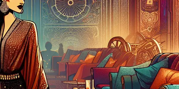 A luxurious lounge featuring a voluptuous figure in an elegant outfit, surrounded by cinematic elements and warm, inviting colors.