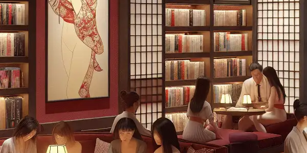 A cozy library filled with colorful erotic novels, plush seating, and a vintage projector screening romantic films.