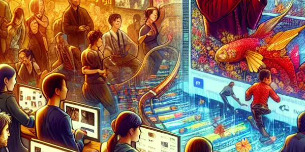 A vibrant digital marketplace showcasing a lively online community focused on adult films and Japanese AV cinema.