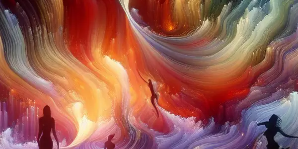 An abstract, colorful landscape symbolizing adult entertainment, featuring intimate figures, flowing light, and ethereal elements.