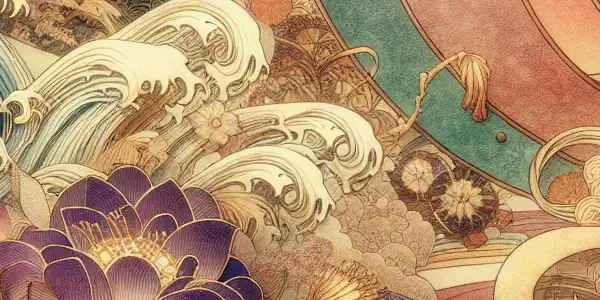 An imaginative bookplate featuring entwined figures, floral motifs, and a dreamlike atmosphere of erotic allure.