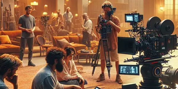 A lively European adult film set with diverse actors and crew engaged in a relaxed, creative atmosphere.