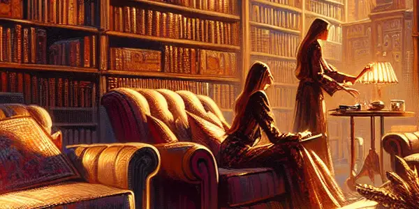 A cozy, dimly-lit library scene with hands turning pages of an erotic novel, evoking intimacy and desire.