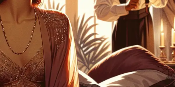 A romantic scene featuring an elegant woman in lingerie, surrounded by soft lighting, silk sheets, and rose petals.