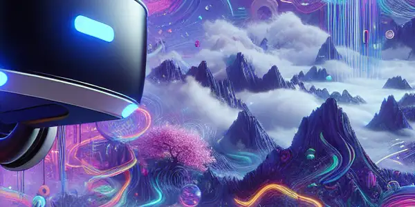 A futuristic VR environment with neon lights, cherry blossoms, and vibrant colors, inviting exploration and fantasy.